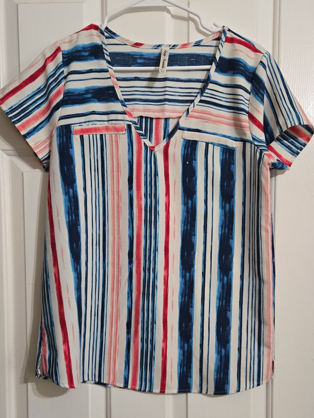 Simply Irresistible V-Neck Short Sleeve Stripe Tee in Navy, Red & White